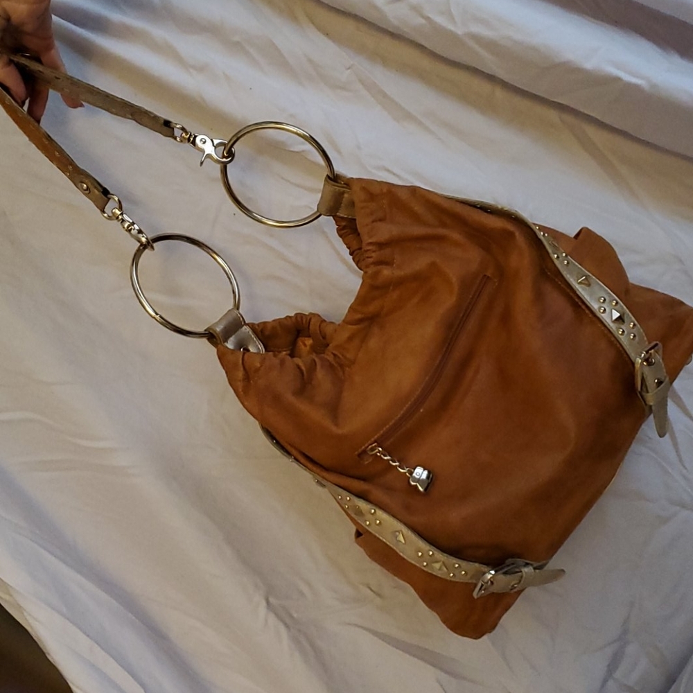 Kathy van Zeeland camel color suede purse